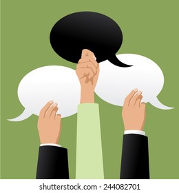 Three hands holding black and white speech bubbles EPS 10 vector stock illustration