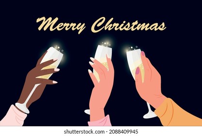 Three hands holding champagne glasses. Festive mood