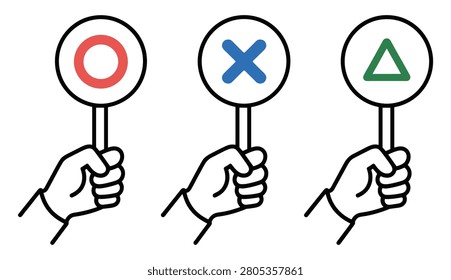 Three hands holding circular signs with a red circle a blue cross and a green triangle symbol on white backgrounds in a simple flat line style isolated on a white background