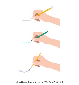 Três mãos segurando diferentes instrumentos de escrita e desenho em um fundo branco