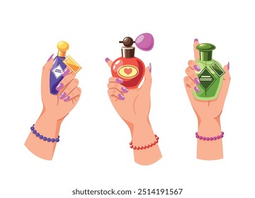 Three Hands Holding Diverse Perfume Bottles, Displaying Unique Nail Polish And Bracelets, Cartoon Vector Image