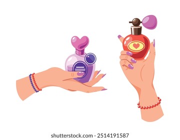 Three Hands Holding Diverse Perfume Bottles, Displaying Unique Nail Polish And Bracelets, Adding To The Luxurious Appeal