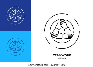 Tres manos sujetándose entre sí el icono vectorial de línea de arte. Símbolo de esquema de cooperación. Pictograma de trabajo en equipo hecho de trazo fino. Aislado en segundo plano.