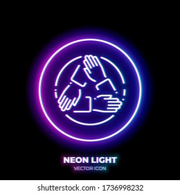 Three hands holding each other neon light line art vector icon. Outline symbol of cooperation. Teamwork pictogram made of thin stroke. Isolated on background.