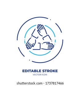 Three hands holding each other line art vector icon with editable stroke. Outline symbol of cooperation. Teamwork pictogram made of thin stroke. Isolated on background.