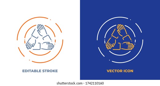 Three Hands Holding Each Other Line Art Vector Icon With Editable Stroke. Outline Symbol Of Cooperation. Teamwork Pictogram Made Of Thin Stroke. Isolated On Background.