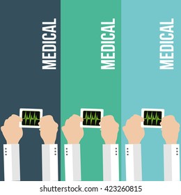 three hands holding electrocardiogram examination in blue and green lines backdrop