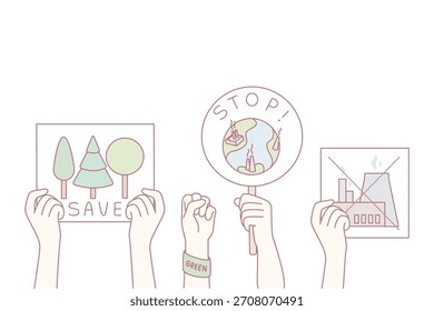 três mãos segurando sinais de protesto ambiental, ilustração pastel de terra, árvores, sinal de pare, declinando