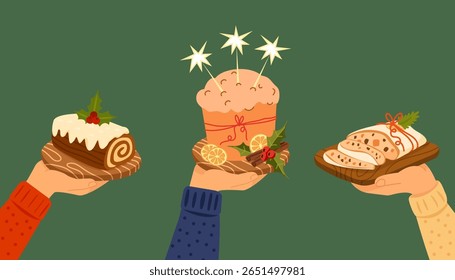 Drie handen met feestelijke kerstdesserts: Italiaanse panettone met citrus en hulst, Duits gestolen met lint, en Franse chocolade Yule log cake versierd met hulst. 