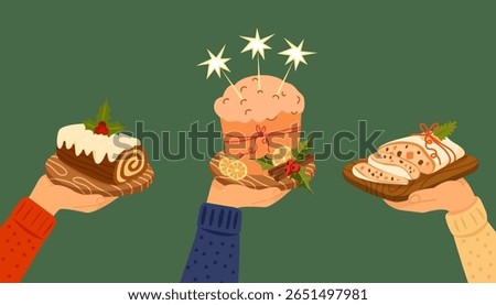 Three hands holding festive Christmas desserts: Italian panettone with citrus and holly, German stollen tied with ribbon, and French chocolate Yule log cake decorated with holly. 