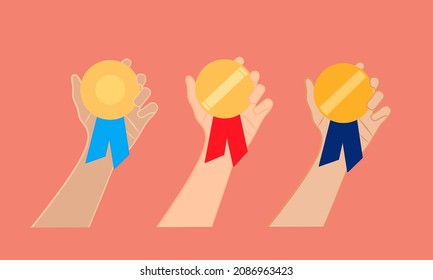 Three hands holding gold medal.  Vector illustration on a white background with confetti.  Winners and medalists