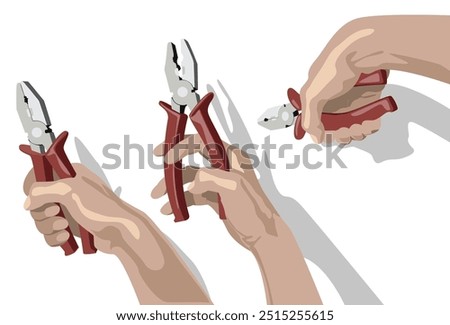 Three hands holding pliers in different way, isolated on white background.