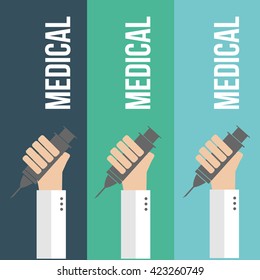 three hands holding syringes in blue, green lines backdrop