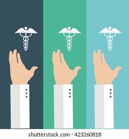 three hands holding  white Rod of Asclepius in blue and green lines backdrop