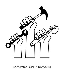 three hands holds hammer wrench and adjustable key