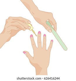 Three hands illustration. The one with a manicure brush, another one with a nail file. Manicure process illustration