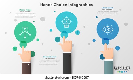 Three hands with index finger pointing at translucent circles with linear icons inside. Concept of 3 business choices. Creative infographic design template. Vector illustration for banner, poster, ad.