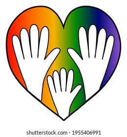 Three hands into rainbow heart