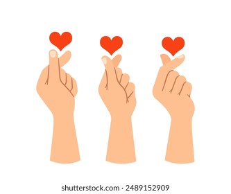 Tres Manos Haciendo Pequeños Gestos De Corazón Con Los Dedos, Simbolizando Amor, Afecto Y Conexión, Ilustración vectorial