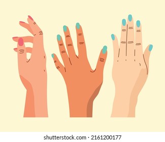 tres manos con iconos de manicura