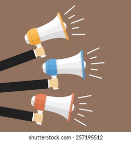 Three hands with megaphones, promotion concept, vector eps10 illustration