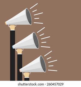 Three hands with megaphones, promotion concept, vector eps10 illustration