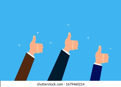 three hands on a blue background with likes