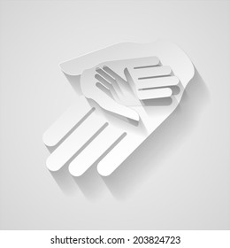 Three hands in paper style as idea of help and teamwork 