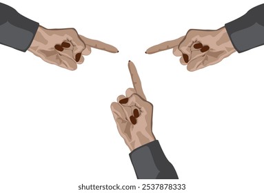 Three hands pointing with index fingers on each other.