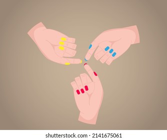 Three hands pointing to a point