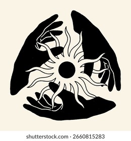 Tres Manos Protegiendo un Símbolo de Sol Estilizado