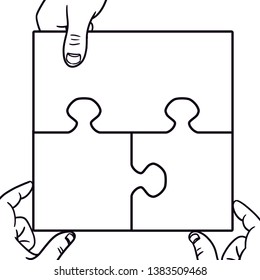three hands putting together a puzzle. vector illustration for teambuilding in black and white