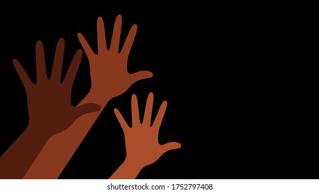 Three hands are raised in the air. Different ethnic female hands, different skin colors - Asian, Latino, Black. Concept of equality, unity and voting. Modern vector illustration. Black background