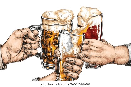 Three hands are raised clinking glasses filled with frothy beer in a festive atmosphere. The beers differ in color and style suggesting a lively gathering among friends.