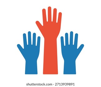 Three hands raised, one red and two blue, symbolizing volunteering, participation, or asking a question