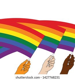 Three hands raising LGBT flag. Gay pride parade month. Multicolored peace flag movement. Rainbow symbol of LGBT community include of lesbian, gay, transgender. Flat icon. Happy international pride day