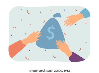 Tres manos extendiéndose por la bolsa de dinero en el centro. Gente tratando de lograr éxito comercial ilustraciones de vector planas. Negocio, concepto de inversión para banner, diseño de sitio web o página web de aterrizaje