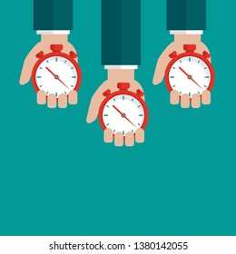 Three hands with red stopwatch isolated on turquoise background. Fast time stop watch, limited offer, deadline symbol. Vector illustration.