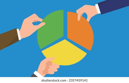 Three hands sharing the market, image illustration of the three companies' monopoly, Vector