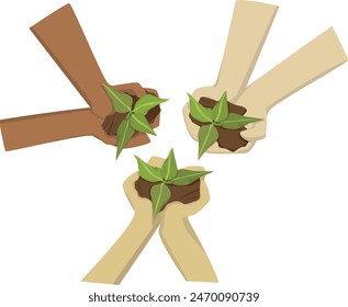 The three hands show that they are holding a small plant together - Internation day of plant health