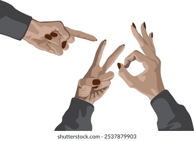 Three hands showing different hands sign. Peace, everything is alright and position.