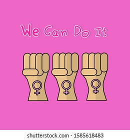 Three hands with sign of woman on pink background with word (we can do it) Super girl and power of woman concept.