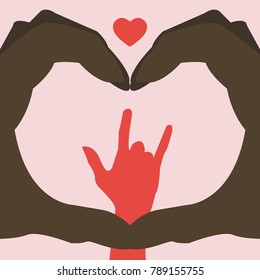 three hands silhouette gesture and heart for i love you sign
