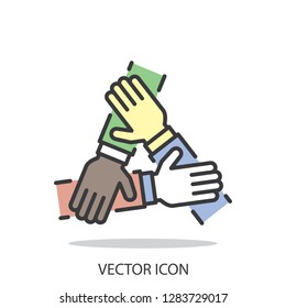 three hands support each other, concept of teamwork, icon vector