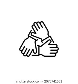 Three hands support each other line icon. Simple outline style. Team, hand, work together, partnership, group, help, concept of teamwork. Vector illustration design isolated on white background EPS 10
