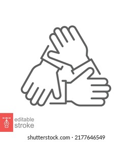 Three hands support each other line icon. Simple outline style. Team, hand, work together, partnership, group, help, concept of teamwork. Vector illustration design isolated. Editable stroke EPS 10