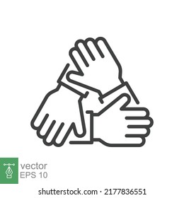 Three Hands Support Each Other Line Icon. Simple Outline Style. Team, Hand, Work Together, Partnership, Group, Help, Concept Of Teamwork. Vector Illustration Design Isolated On White Background EPS 10