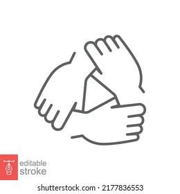 Three hands support each other line icon. Simple outline style. Team, hand, work together, partnership, group, help, concept of teamwork. Vector illustration design isolated. Editable stroke EPS 10