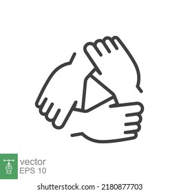 Three hands support each other line icon. Simple outline style. Team, hand, work together, partnership, group, help, concept of teamwork. Vector illustration design isolated on white background EPS 10