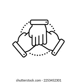 Three hands support each other line icon. Simple outline style. Team, hand, work together, partnership, group, help, concept of teamwork. Vector illustration design isolated. Editable stroke.